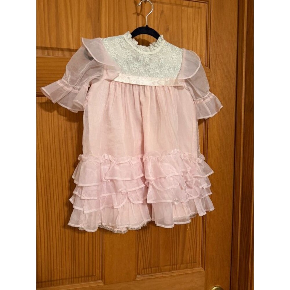 Martha’s Miniatures Pink Girls Dress Vintage Heirloom Lace Ruffle Flutter Sleeve